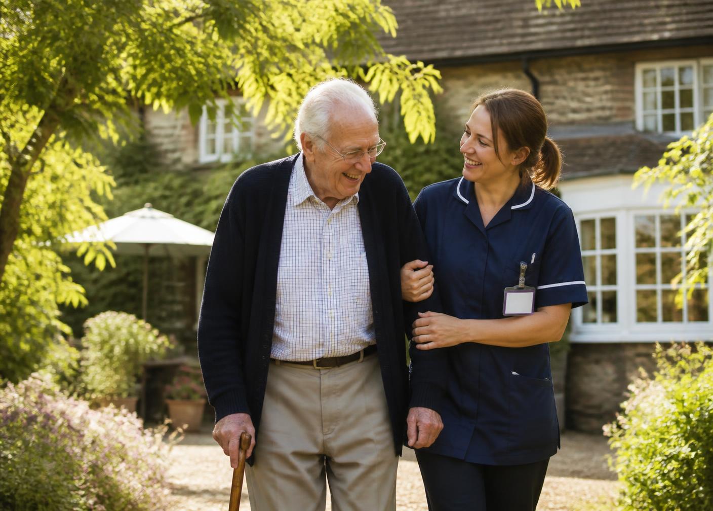 An older gentleman walking through his garden arm in arm with a Witan Care support worker