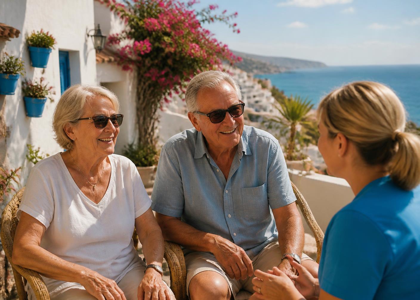 Lorraine chatting with a British couple on a sunny terrace overlooking the Spanish coast